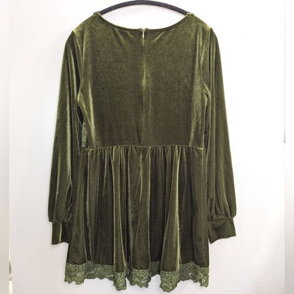 Cider Green Velvet & crochet trim V-neck lantern babydoll top tunic dress XL - Picture 2 of 7